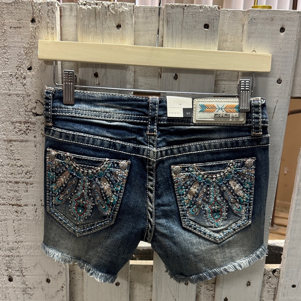 Grace in LA Blue Jean Shorts with Embellished Pockets